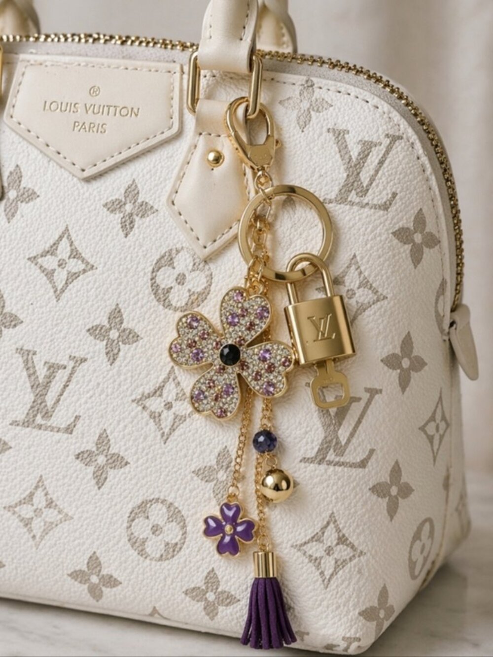 Authentic Louis Vuitton Padlock & Key Gold ✨ Unbranded Flower Bag Charm Keychain